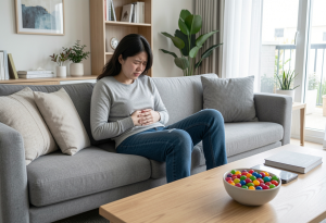 Person holding stomach showing early signs of poor gut health and digestive discomfort