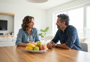 alcohol lowers sex drive - Couple in their 40s discussing healthy habits with drinks and snacks on the table