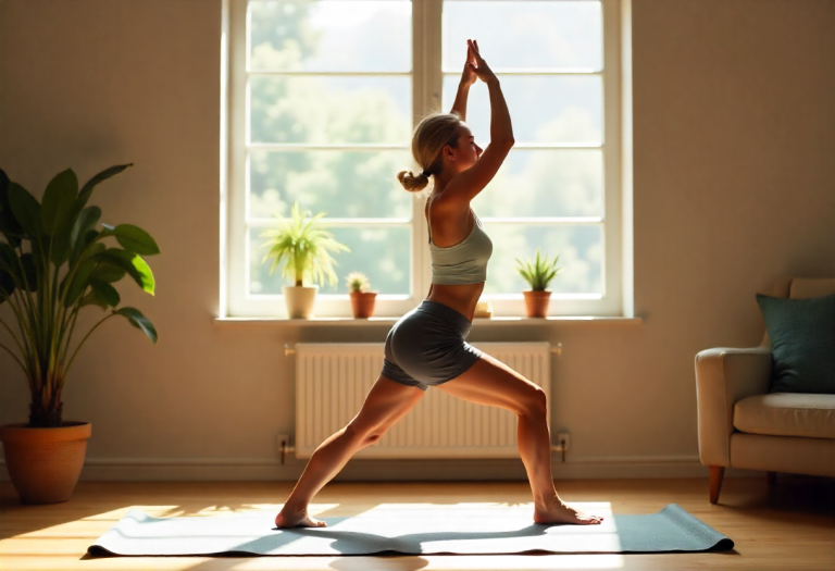 Woman stretching by a window to maintain a consistent exercise routine for long-term health.