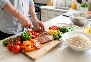 Person preparing a balanced clean-eating meal at home