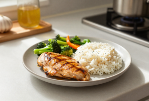 Balanced plate of nutritious foods on a table, symbolizing long-term healthy weight maintenance.