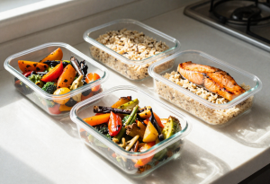 Meal prep containers with nutrient-rich foods for healthy habits and sustainable weight management
