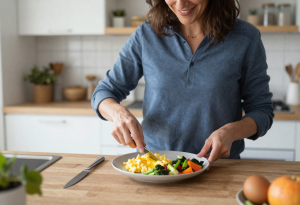 Midlife adult preparing a balanced breakfast plate, representing sustainable weight management habits