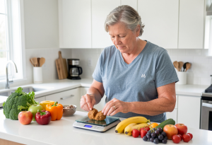 Midlife adult weighing fresh vegetables and lean proteins on a kitchen scale for portion control