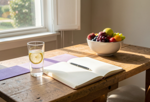 Healthy living habits morning routine with water, journal and fresh fruit in natural light