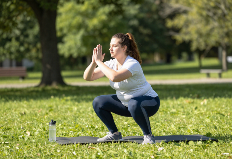 Beginner performing a bodyweight squat outdoors as part of a full-body workout