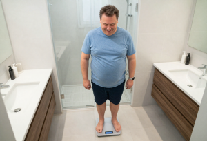 Slightly overweight adult smiling on a bathroom scale, showing positive results from sustainable weight management