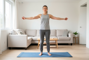 Beginner performing arm circles as part of a full-body warm-up