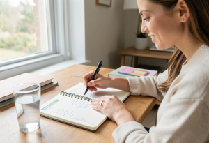 Person tracking daily healthy habits in a notebook