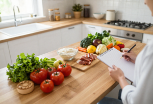 Person checking off clean eating tips with fresh foods on the counter