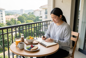 Person journaling with healthy breakfast nearby, symbolizing mindful habits and mindset for weight maintenance.