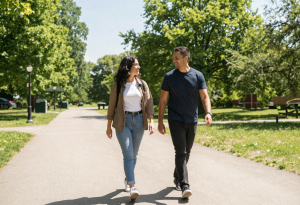 A couple walking outdoors in nature, smiling and exercising, illustrating daily habits that support mental health