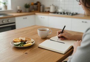 Person journaling at a table with tea and healthy snacks, illustrating daily habits that support mental health