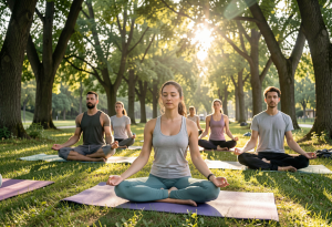 practicing yoga outdoors, illustrating the science behind daily habits that support mental health