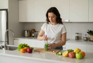 Woman preparing a smoothie with vitamins and supplements, illustrating supportive practices for mental health