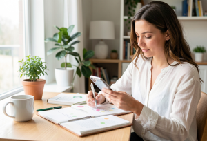 Woman checking off habits in a notebook or phone, illustrating strategies to make daily wellness routines stick