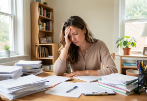 Woman looking stressed at a desk, illustrating common mistakes that undermine daily wellness routines