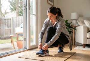 Person putting on running shoes, illustrating taking action as part of daily wellness routines