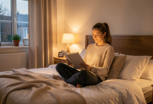 Woman reading or stretching in a softly lit bedroom, illustrating evening habits that support rest, relaxation, and wellness