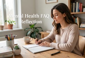 Woman sitting at a desk with a notebook and tea, reflecting on mental health routines, illustrating common mental health questions
