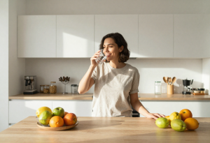 Person enjoying a healthy habit like drinking water in the morning
