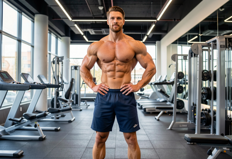 Muscular gym person performing bodyweight exercise in modern gym, representing effective workouts