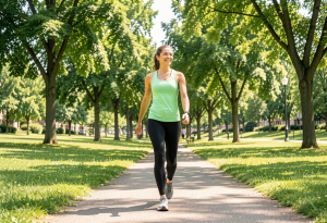 Person performing light exercises or walking outdoors, illustrating sustainable activity for long-term weight maintenance.
