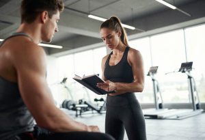 Fit gym person tracking workout progress using journal or fitness app