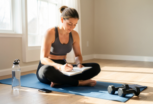 move with purpose - Adult recording workout progress in a journal to monitor improvement and maintain consistent, purposeful exercise