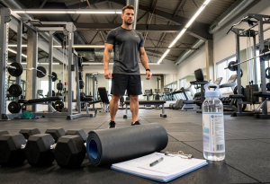 Equipment and planner illustrating short, focused workouts to move with purpose daily