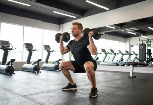 Person doing squats with light weights, demonstrating safe, progressive workouts to move with purpose