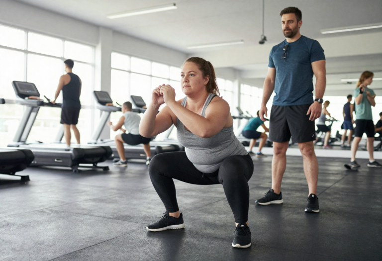 weight loss tips Semi-overweight attractive adult performing a squat in a gym, representing starting a weight loss journey