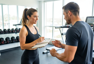 Attractive adult writing in a fitness journal to track progress and stay motivated