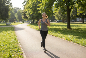 Attractive adult jogging outdoors as part of a regular exercise routine, representing cardio workouts