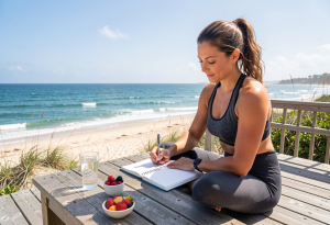 Attractive adult journaling to track meals, workouts, and progress for sustainable weight management