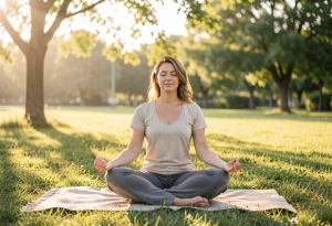 improve your mental health adult sitting in a bright, quiet room with eyes closed, practicing meditation