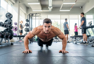 Attractive adult performing push-ups for strength as part of a balanced fitness routine