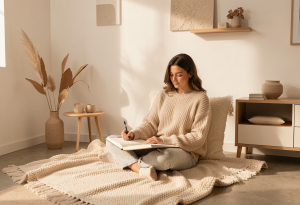 Person meditating and journaling in a calm indoor space, representing mindfulness and small lifestyle changes
