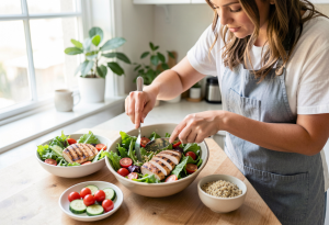 Preparing a healthy lunch salad with chicken and quinoa, showing smart eating for balanced nutrition