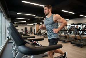 A fit, attractive person jogging on a treadmill in a modern gym, muscles well-defined, wearing athletic wear. Other gym equipment is visible in background, hands free, natural motion captured, realistic and high-quality.