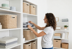 clutter and mental health - person organizing a tidy living space to reduce clutter and support better mental health