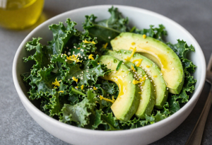 Fresh curly kale on a kitchen table with water droplets, highlighting its vibrant green leaves and texture for health and nutrition