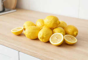 Pile of fresh lemons, whole and sliced, on a bright kitchen counter