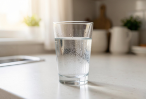 Glass of water on a kitchen counter in morning sunlight, representing hydration for morning weight loss habits