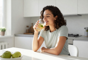 Woman Drinking Morning Anti-Bloat Drink