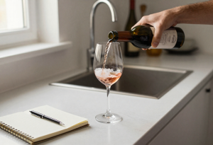 Pouring an alcoholic drink while tracking calories, illustrating how alcohol affects weight loss