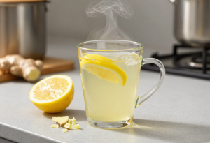 Cup of lemon and crushed ginger water, supporting bloating relief and digestive reset