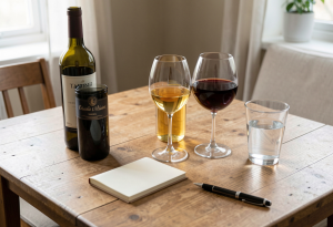 Alcoholic drinks with a notepad and water, illustrating mindful drinking and tracking calories for weight loss