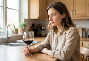 Person considering the impact of alcohol on their metabolism and weight loss