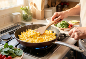 Person cooking scrambled eggs on a stovetop with fresh ingredients like spinach and cherry tomatoes.